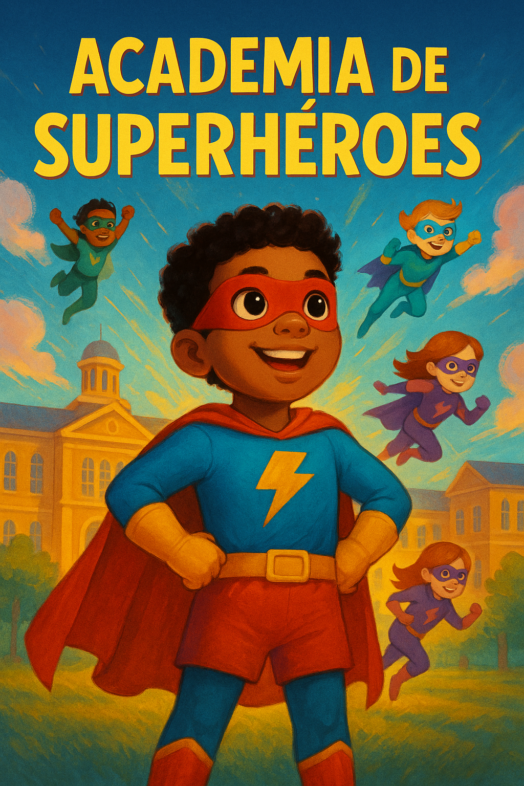 A beautiful children's book cover showing "Academia de Superhéroes" with a diverse child as the main character. The cover features vibrant, magical illustrations in a professional children's book art style with the child prominently featured as the hero of the story. The artwork includes aprendiendo poderes y salvando el día con amigos superhéroes with bright, engaging colors that would immediately capture a child's attention and imagination.