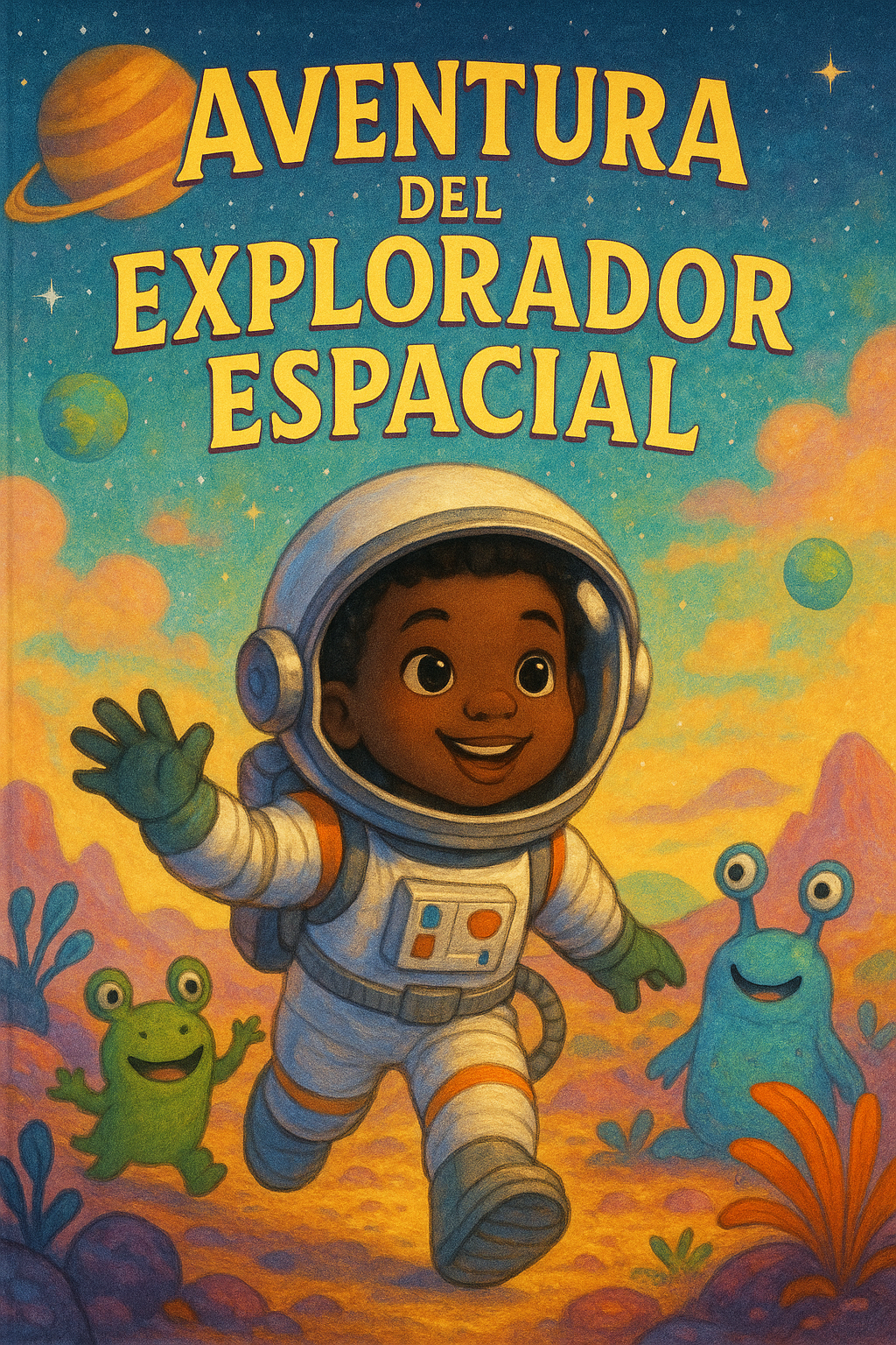 A beautiful children's book cover showing "Aventura del Explorador Espacial" with a diverse child as the main character. The cover features vibrant, magical illustrations in a professional children's book art style with the child prominently featured as the hero of the story. The artwork includes tu hijo descubre nuevos planetas y hace amigos alienígenas with bright, engaging colors that would immediately capture a child's attention and imagination.