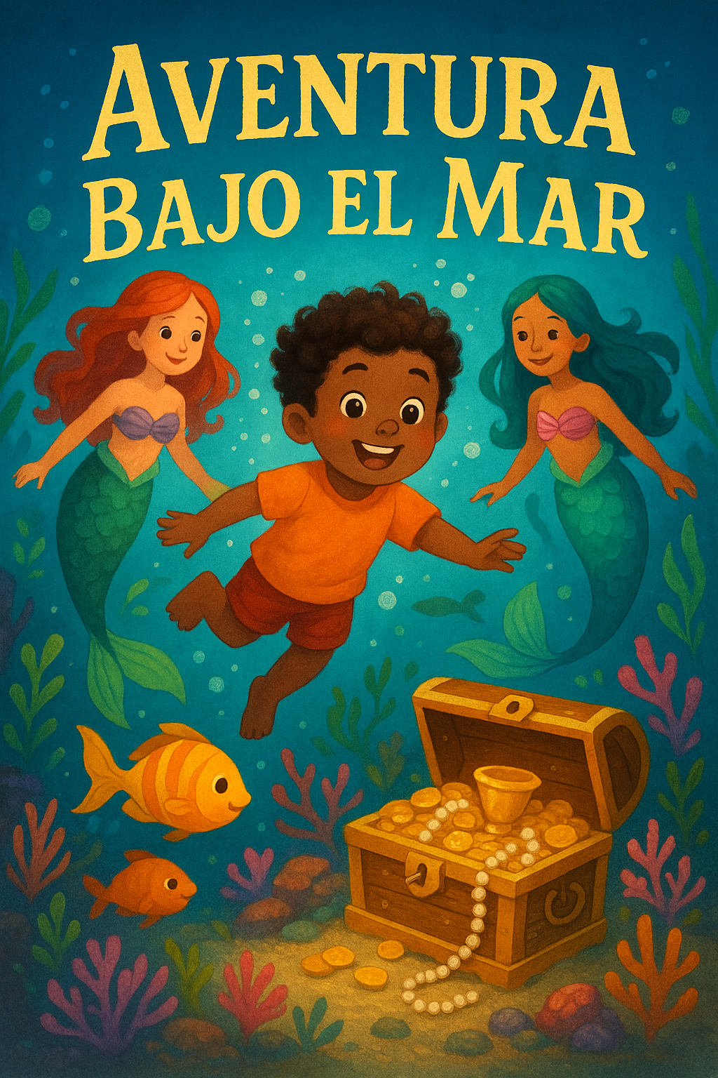 A beautiful children's book cover showing "Aventura Bajo el Mar" with a diverse child as the main character. The cover features vibrant, magical illustrations in a professional children's book art style with the child prominently featured as the hero of the story. The artwork includes nadando con sirenas y explorando tesoros oceánicos with bright, engaging colors that would immediately capture a child's attention and imagination.