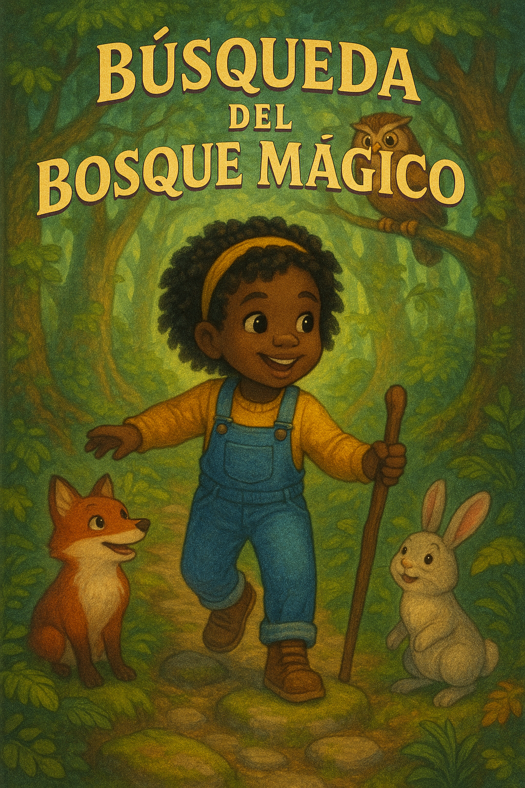 A beautiful children's book cover showing "Búsqueda del Bosque Mágico" with a diverse child as the main character. The cover features vibrant, magical illustrations in a professional children's book art style with the child prominently featured as the hero of the story. The artwork includes un viaje a través de bosques encantados con animales que hablan with bright, engaging colors that would immediately capture a child's attention and imagination.