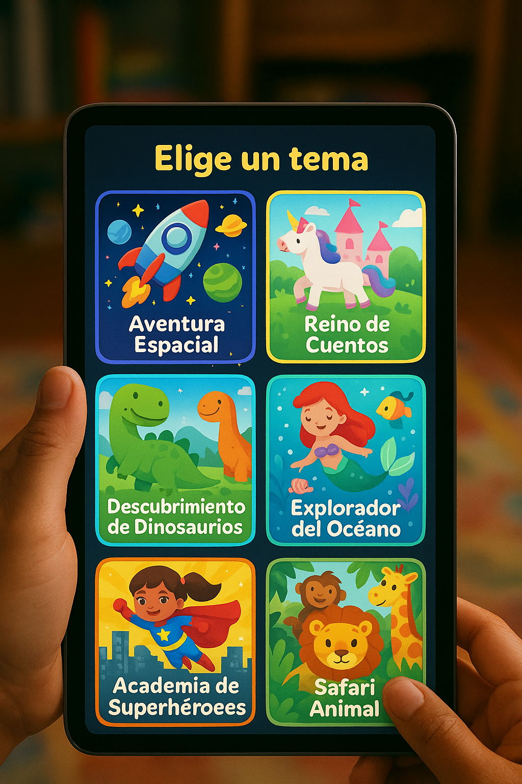 A colorful selection screen showing various magical story themes like 'Space Adventure' (with rockets and planets), 'Fairy Tale Kingdom' (with castles and unicorns), 'Dinosaur Discovery' (with friendly dinosaurs), 'Ocean Explorer' (with mermaids and sea creatures), 'Superhero Academy' (with capes and city skylines), and 'Animal Safari' (with cute jungle animals). Each theme has vibrant, cartoon-style preview images and sparkly borders. A parent's hand is shown selecting the 'Space Adventure' theme, with magical particles floating around the selection.
