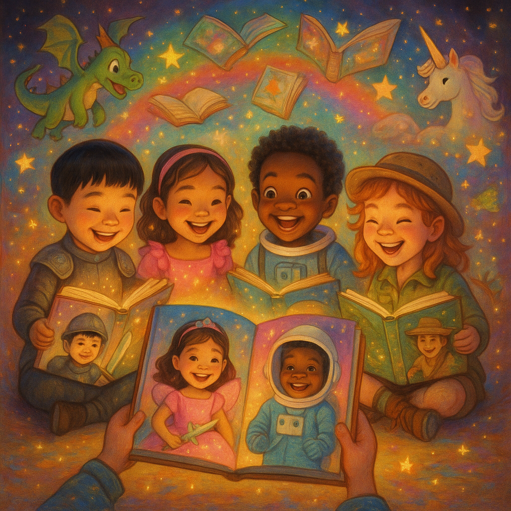 A diverse group of happy children of different ethnicities (Asian, Hispanic, African American, Caucasian) sitting in a magical reading circle surrounded by floating, glowing storybooks. Each child is holding an open book showing their own photo as the main character - one as a brave knight, another as a space explorer, one as a fairy princess, and one as a jungle adventurer. The scene is filled with sparkles, rainbow colors, floating stars, and magical creatures like friendly dragons and unicorns in the background. The lighting is warm and golden, creating a dreamy, enchanted atmosphere that makes reading look absolutely magical and exciting.