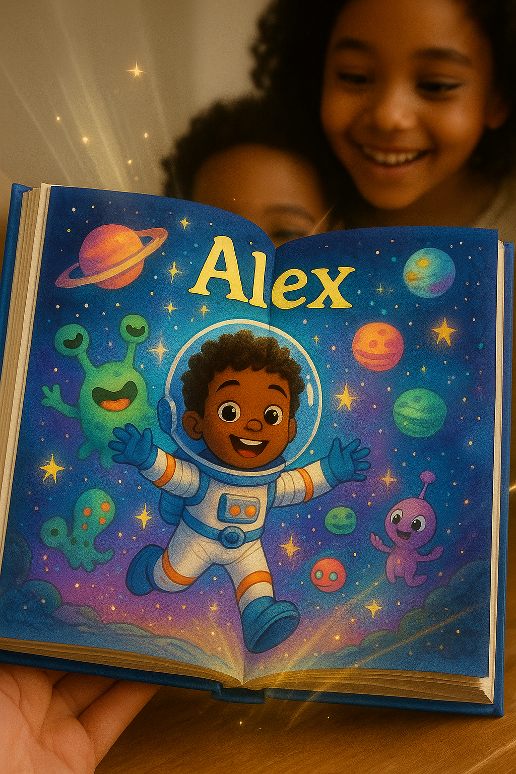 An open, beautifully illustrated children's book showing a young boy with the same face as the uploaded photo wearing a shiny astronaut suit, floating in a colorful space scene with friendly alien creatures, sparkling stars, and rainbow planets. His name 'Alex' appears in decorative, kid-friendly lettering at the top of the page. The book has thick, high-quality pages and the illustration style is vibrant and magical, similar to professional children's book illustrations. Magical sparkles and light rays emanate from the book, and you can see a parent and child reading together in the background, both smiling with wonder.
