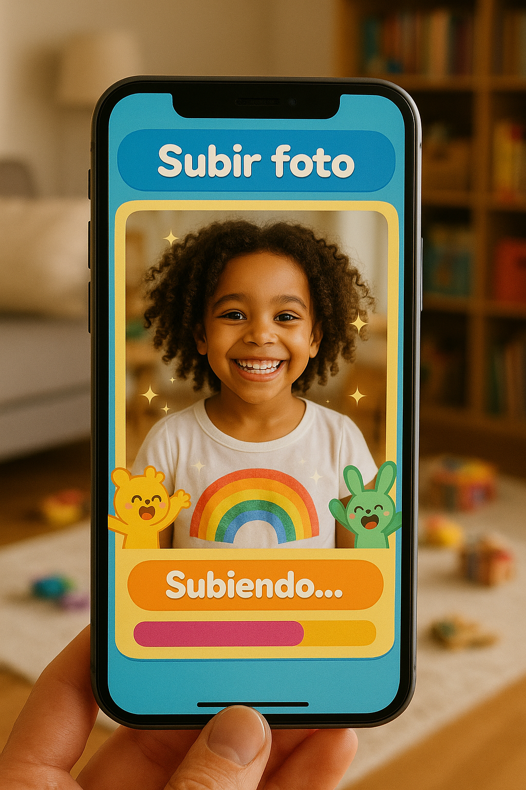 A smartphone screen showing a parent uploading a bright, cheerful photo of their smiling 6-year-old daughter with curly hair and a rainbow t-shirt. The upload interface is colorful and kid-friendly with animated upload progress indicators, cute cartoon characters cheering on the sides, and a magical sparkle effect around the photo as it processes. The background shows a cozy family living room with toys and books scattered around.
